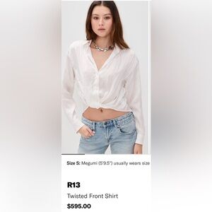 R13- white lightweight crinkled cropped front shirt w twisted front hem. Worn 1x
